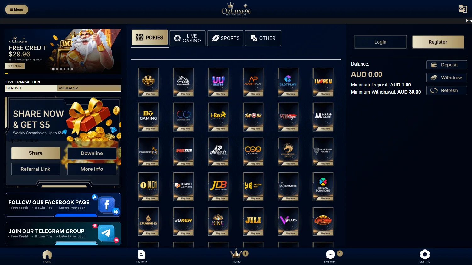 Ozluxe96 Casino desktop home view