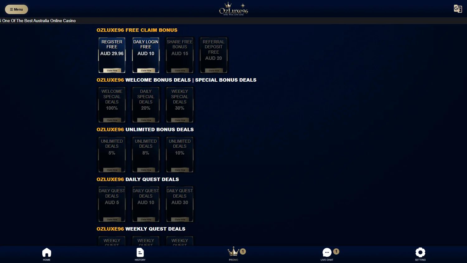 Ozluxe96 Casino desktop promotions view