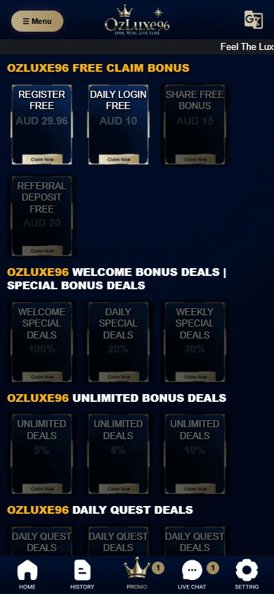 Ozluxe96 Casino mobile promotions view